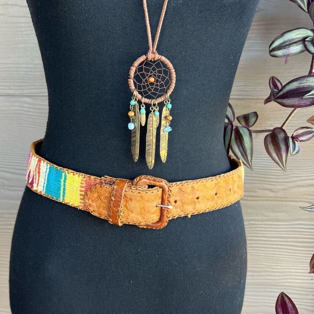 Vintage Southwestern Aztec Mexico Serape Woven Leather Handmade Tooled Belt XS/S